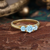 Round Cut 6 Prong Aquamarine Engagement Ring Classic Three Stone Bridal Ring